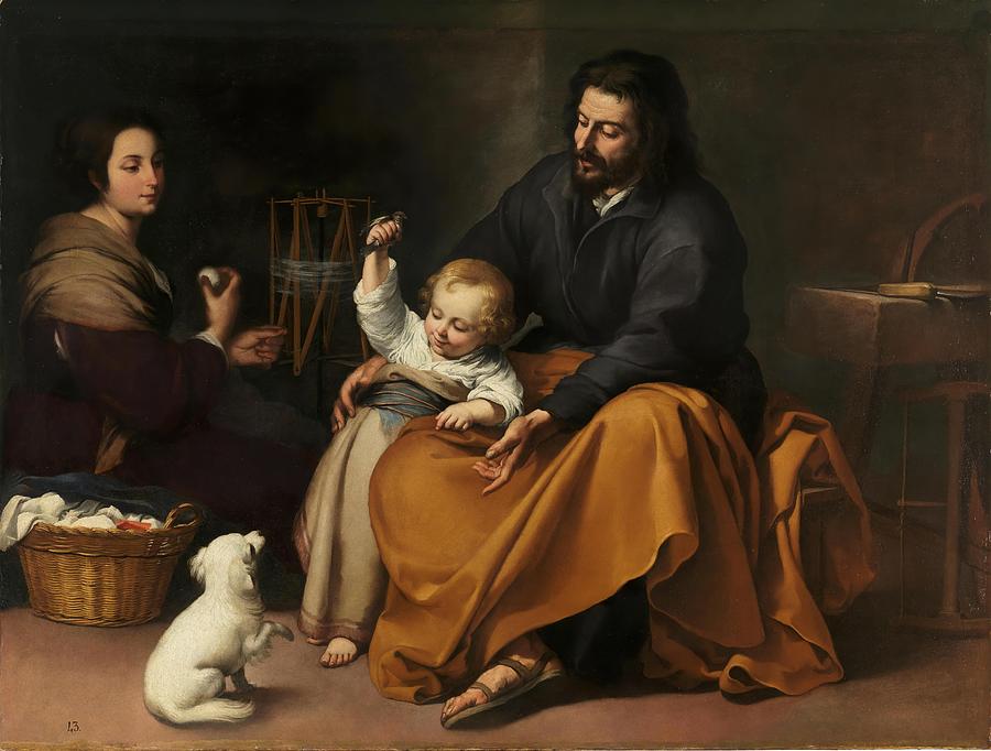 The Holy Family with a Little Bird, ca. 1650, Spanish School, Oil ... Painting by Bartolome Esteban Murillo -1611-1682-