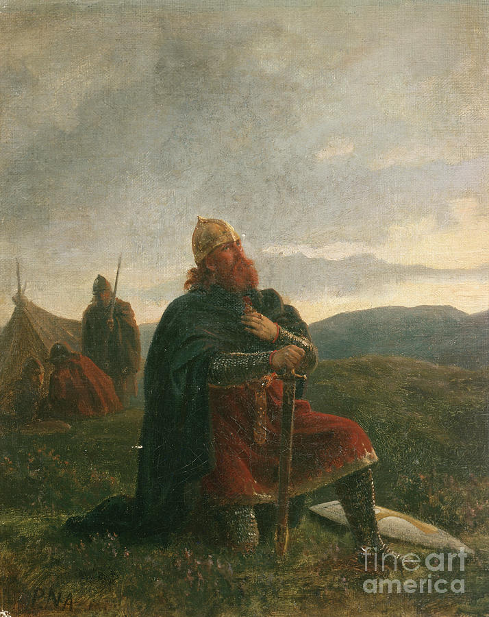 The Holy Olav in prayer before the Battle of Stiklestad Mixed Media by O Vaering by Peter Nicolai Arbo