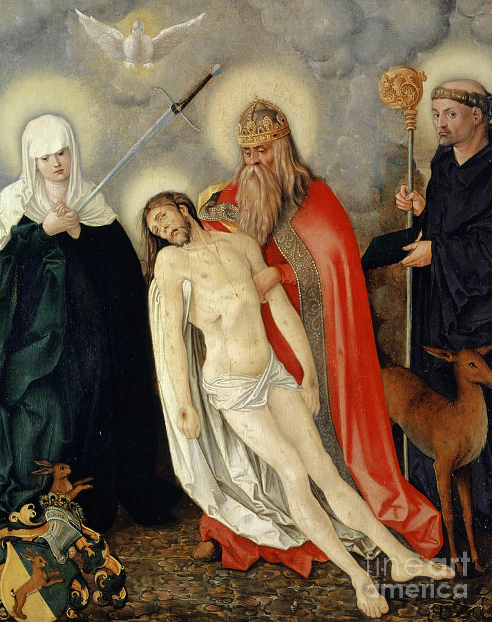 Hans Baldung Grien Painting - The Holy Trinity between the Lady of Sorrows and Saint Giles by Hans Baldung Grien