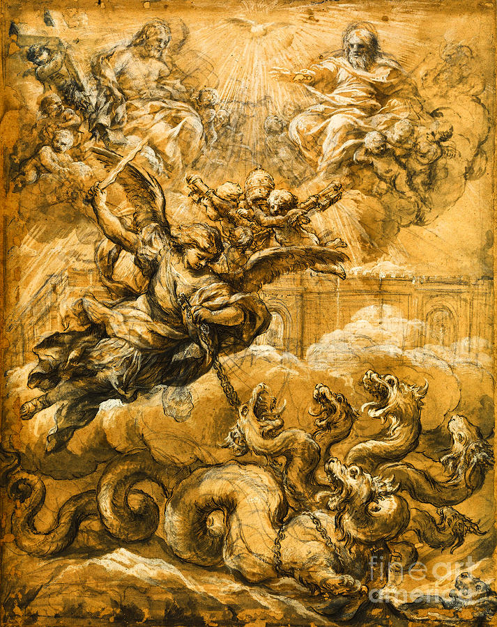 The Holy Trinity with Saint Michael Conquering the Dragon Painting by Peter Ogden