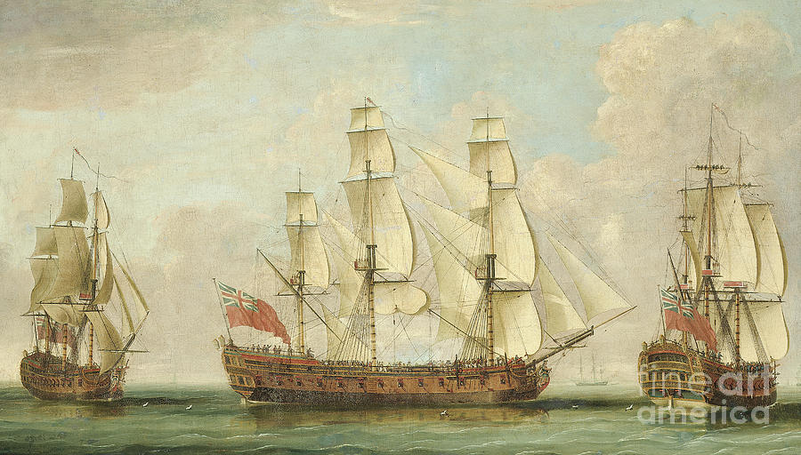 The Honourable East India Companys ship Bessborough in three positions in the Channel Painting by William Elliott
