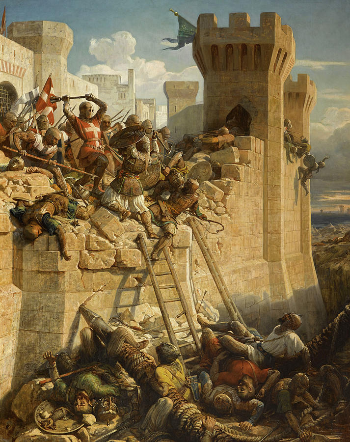 Knight Painting - The Hospitalier Marechal Matthieu de Clermont, defending the walls at the Siege of Acre, 1291 by Dominique Papety