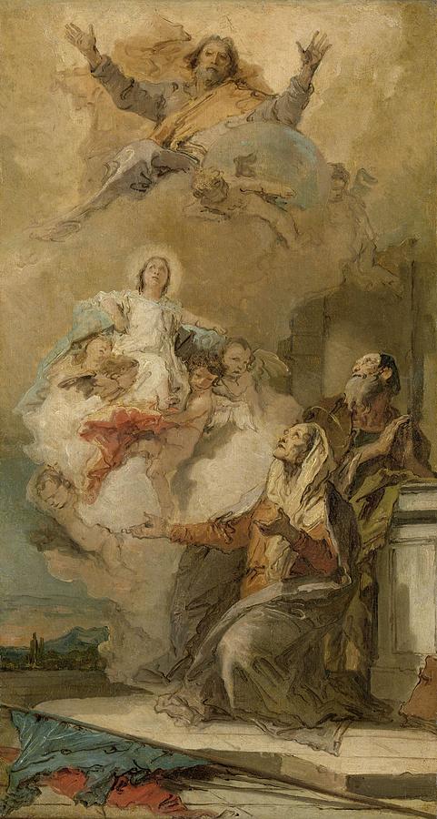 The Immaculate Conception -Joachim en Anna receiving the Virgin Mary from God the Father-. The Im... Painting by Giovanni Battista Tiepolo