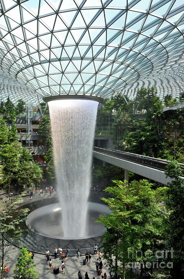 The Jewel waterfall monorail track gardens and visitors Changi Airport Singapore Photograph by Imran Ahmed