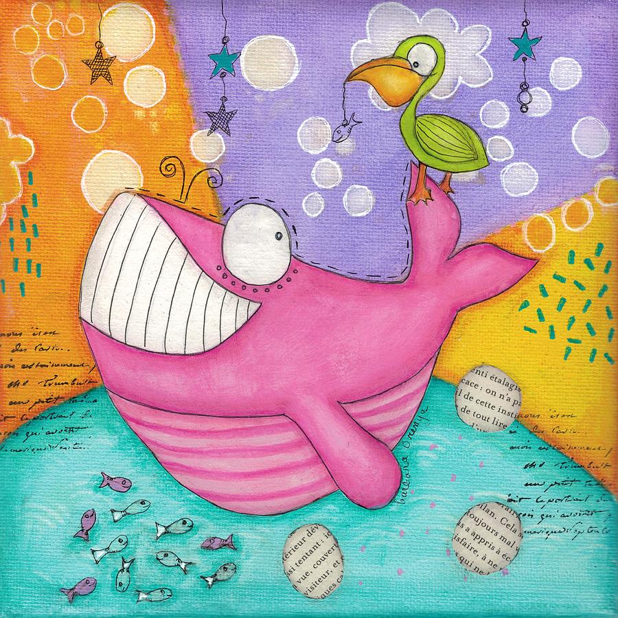 The joyful pink whale Mixed Media by Barbara Orenya