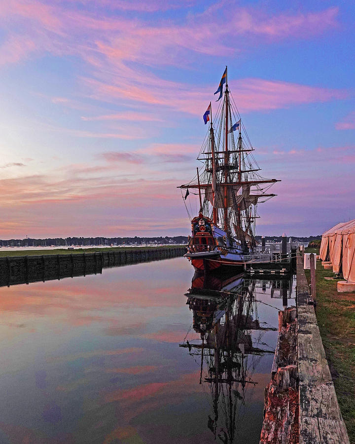 The Kalmar Nyckel Docked in Salem Harbor Sunrise Red Sky Photograph by Toby McGuire