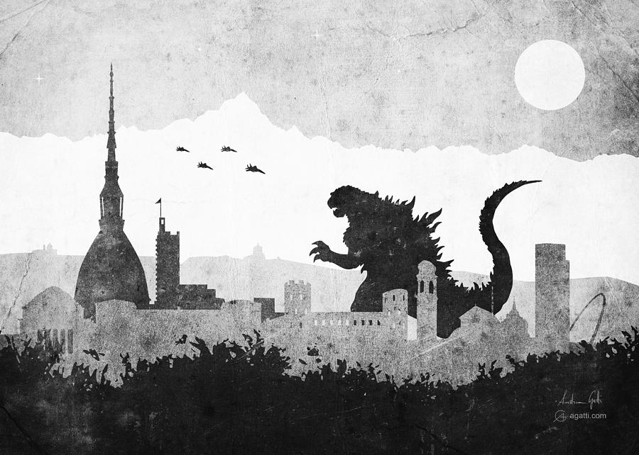 Godzilla Turin greyscale Digital Art by Andrea Gatti