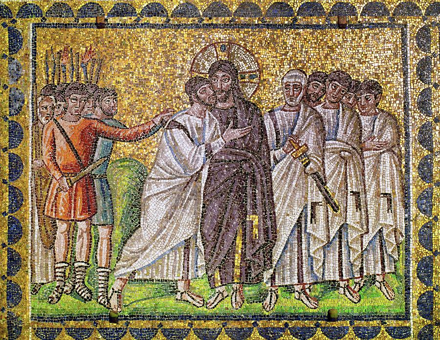 Byzantine Painting - The kiss of Judas, mosaic cycle Saint Apollinare Nuovo Ravenna 6th century AD. San Apollinare Nuo... by Album