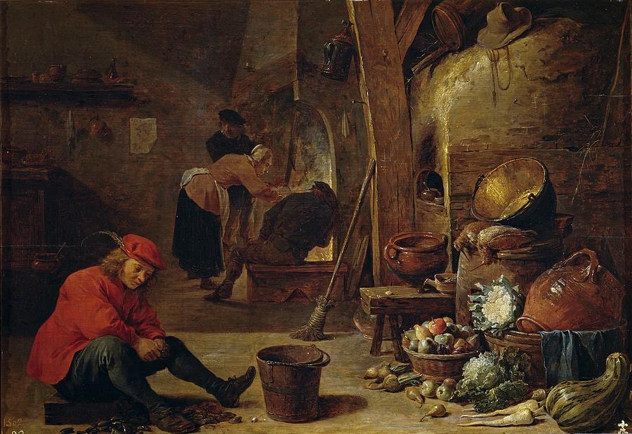 The Kitchen, 1643, Flemish School, Oil on panel, 35 cm x 50 cm, P01798. Painting by David Teniers the Younger -1610-1690-