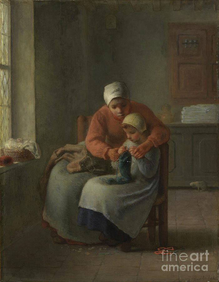 The Knitting Lesson, C.1860 Painting by Jean-francois Millet