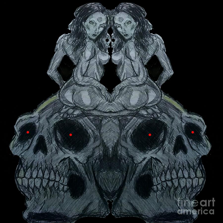The lady and the skull mirrored  Drawing by Mark Bradley