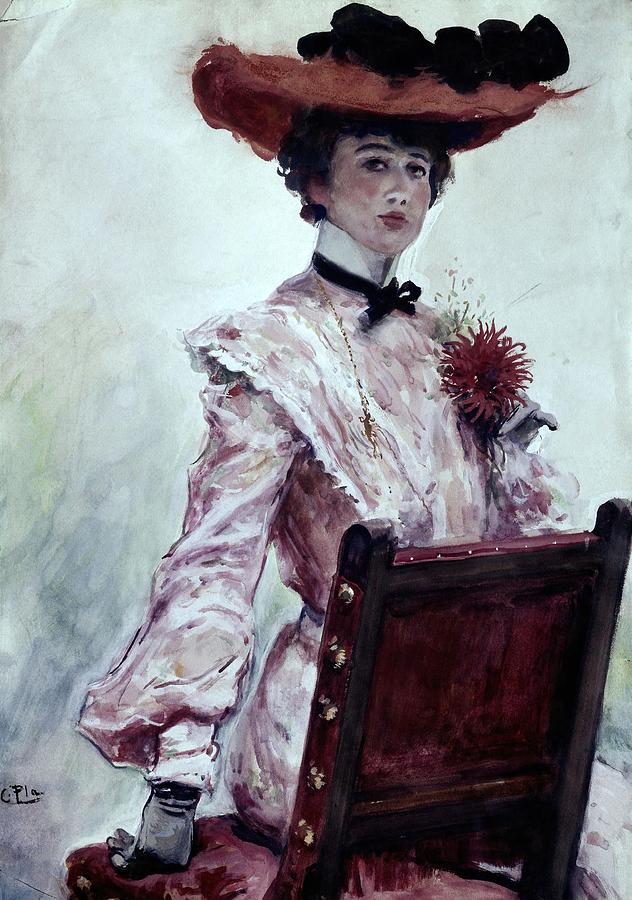 The Lady Of The Red Hat - 19th-20th Century - Modernism. Painting by Cecilio Pla y Gallardo -1860-1934-
