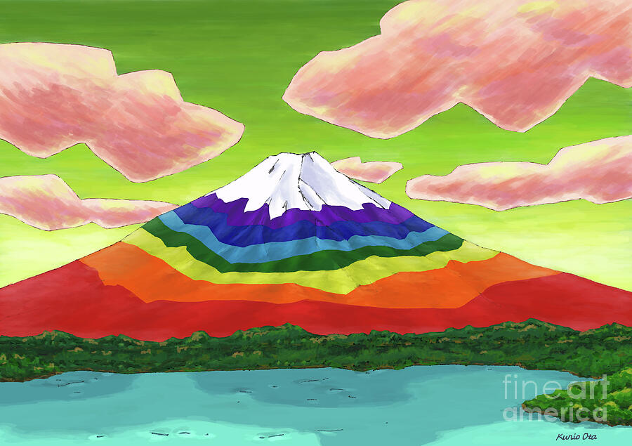 The Lake And Rainbow Colored Mt  Fuji , 2023 Digital Painting Digital Art by Kunio Ota