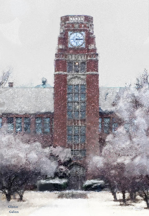 The Lane Tech Clock Tower - Early Snow Digital Art by Glenn Galen