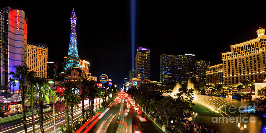 The Las Vegas Strip Facing South With the Bellagio Fountains at Night 2 to 1 Ratio Photograph by Aloha Art
