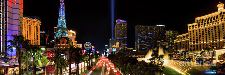 The Las Vegas Strip Facing South With the Bellagio Fountains at Night 3 to 1 Ratio Photograph by Aloha Art