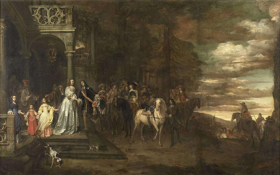 The Leavetaking of Captain Hendrik de Sandra -1619-1707-, sent off by his Wife and Children. Dati... Painting by Pieter van Anraedt