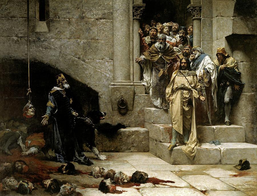 The Legend of the Monk King, 1880, Spanish School, Oil on canvas, 356 ... Painting by Jose Casado del Alisal -c 1830-1886-