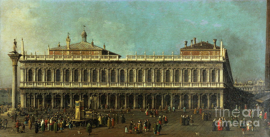 Canaletto Painting - The Library And The Piazzetta, Venice, Looking West With Numerous Figures And A Puppet Show, C.1740 by Canaletto