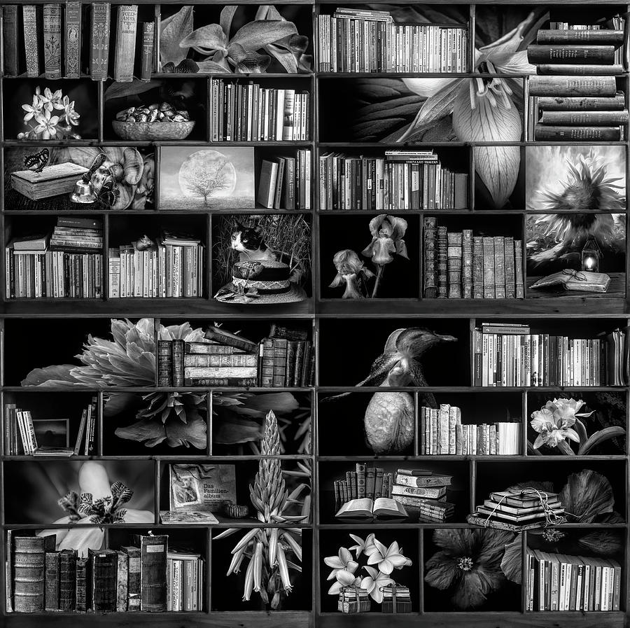 Lily Digital Art - The Library The Flower Section in Black and White by Debra and Dave Vanderlaan