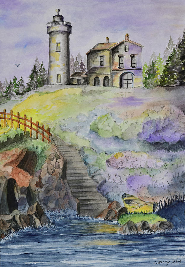 The Lighthouse and The Yellow Boat Watercolor 1  Painting by Linda Brody