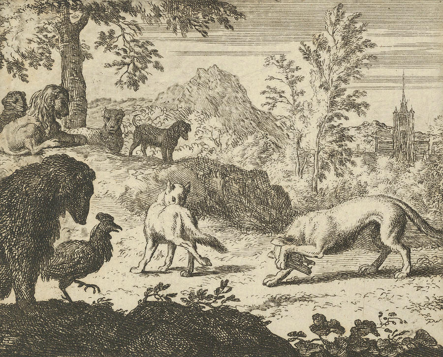 The Lion Allows a Fight Between the Wolf and Renard from Hendrick van Alcmars Renard The Fox Relief by Allaert van Everdingen