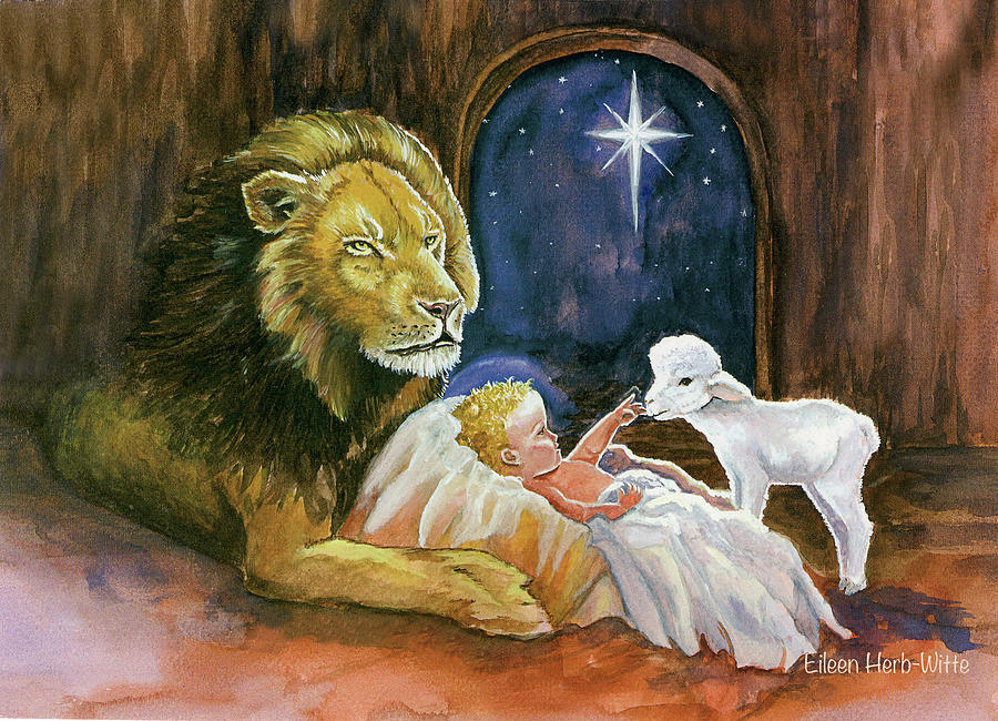 Christmas Painting - The Lion, Lamb, And Emmanuel by Eileen Herb-witte
