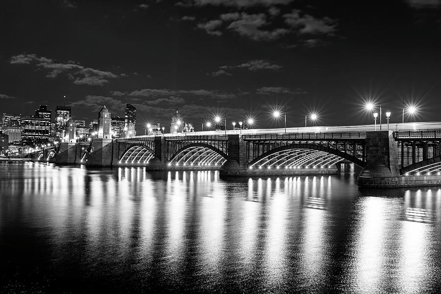  The Longfellow Bridge Lit up at Night Boston MA Black and White Photograph by Toby McGuire