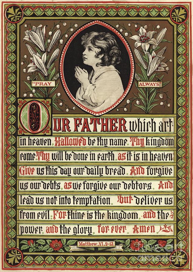The Lords Prayer, with the lines of the prayer ilustrated with an image of a child in prayer Drawing by English School