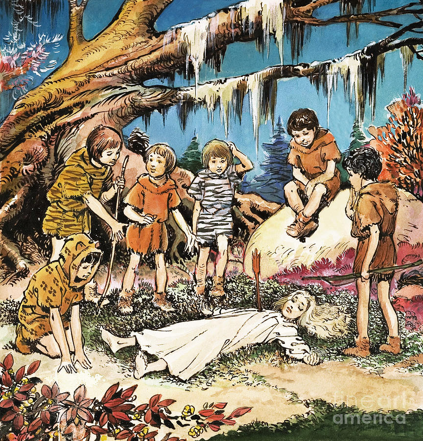 Fantasy Painting - The Lost Boys Concern For Injured Wendy, Illustration From Peter Pan By Jm Barrie by Nadir Quinto