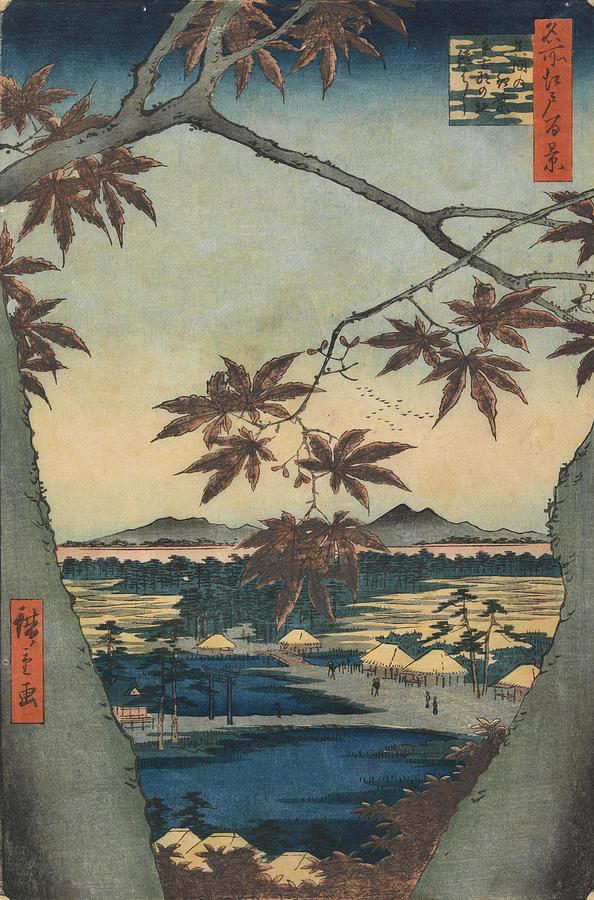 The Maple Trees at Mama, Tekona Shrine and Tsugi Bridge, from the series One Hundred Views of Fam... Painting by Utagawa Hiroshige