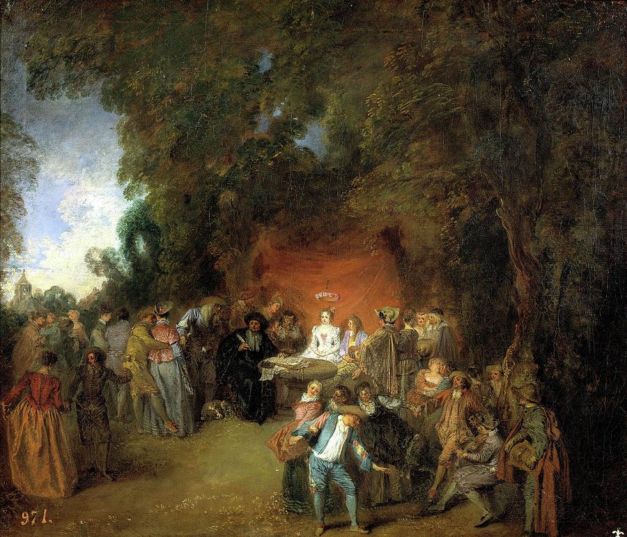 The Marriage Contract, ca. 1711, French School, Oil on canvas, 47 cm x ... Painting by Jean Antoine Watteau -1684-1721-
