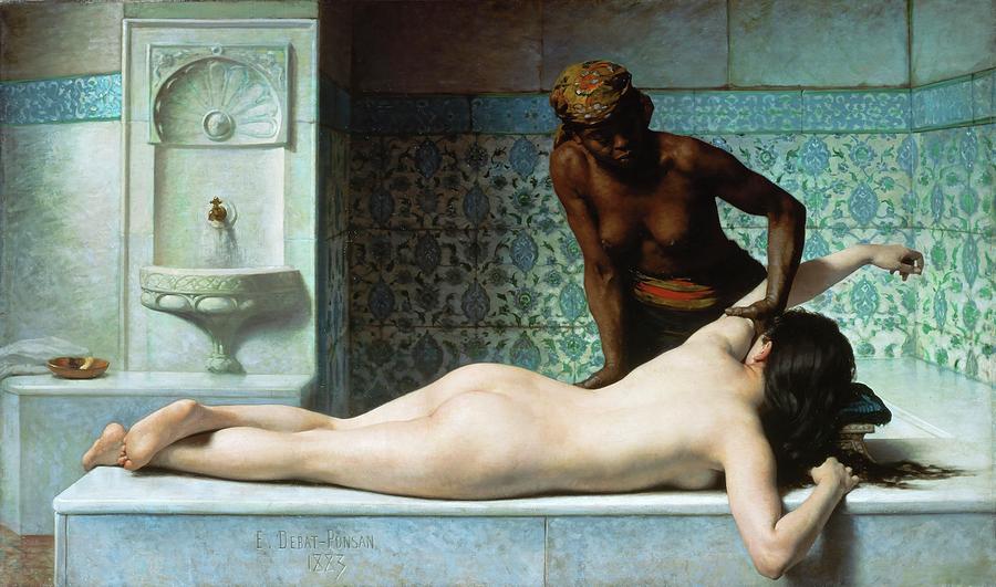 The massage. Scene in a hammam -Turkish bath-, 1883 Canvas. Painting by Edouard Bernard Debat Ponsan Edouard Bernard Debat Ponsan