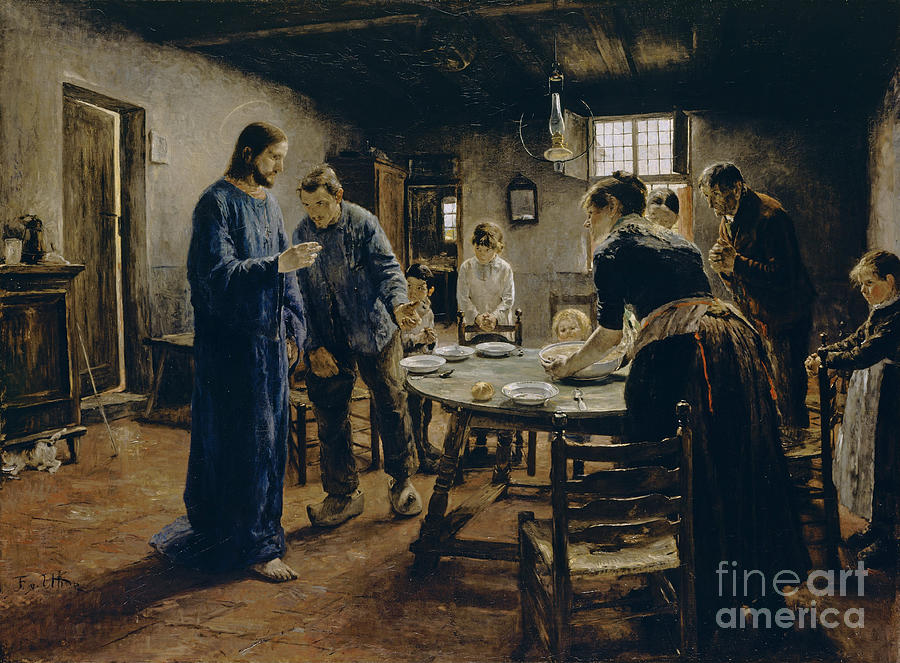 The Mealtime Prayer, 1885. Artist Uhde Drawing by Heritage Images