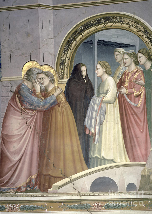 Giotto Di Bondone Painting - The Meeting At The Golden Gate, Detail Of Joachim And St. Anne Embracing, C.1305 by Giotto