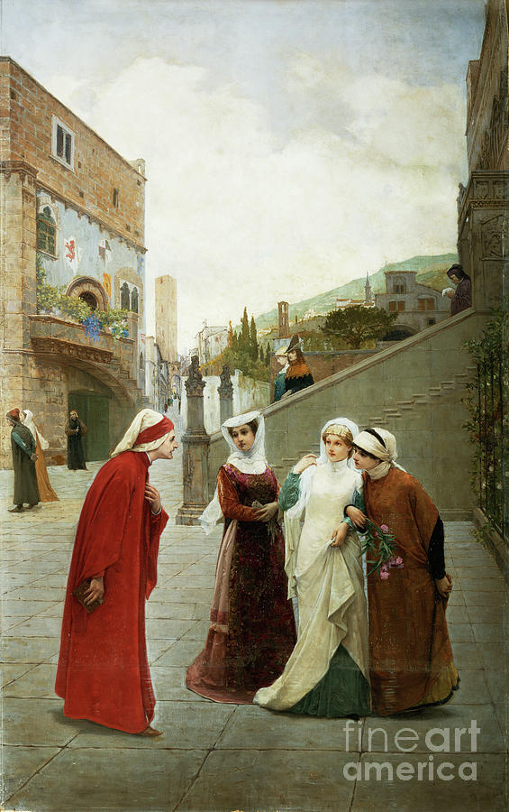The Meeting Of Dante And Beatrice, 1889 Painting by Lorenzo Valles