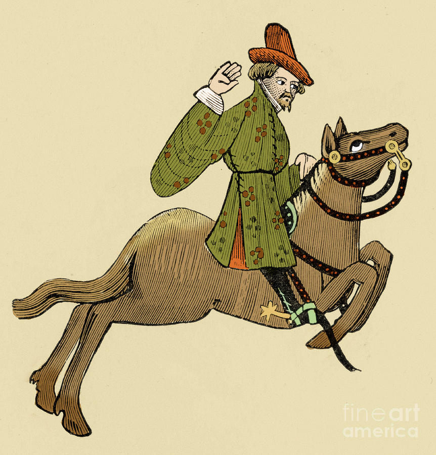 Book Drawing - The Merchant On Horseback From The Canterbury Tales by English School