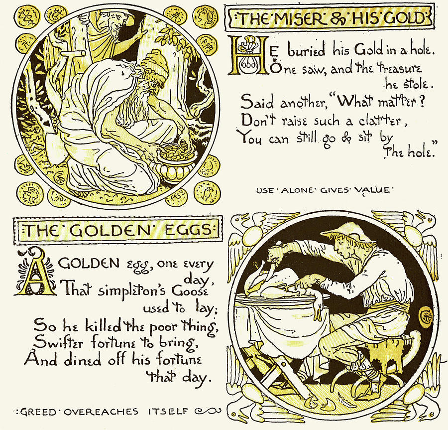 The Miser and His Gold-The Golden Eggs Painting by Walter Crane