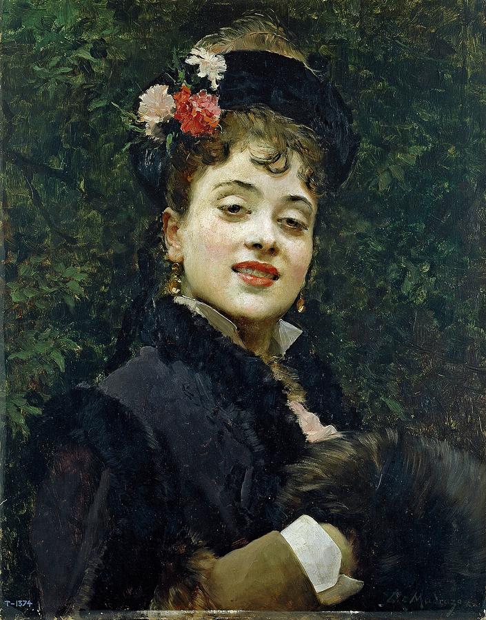 The Model, Aline Masson, ca. 1876, Spanish School, Oil on pane... Painting by Raimundo de Madrazo y Garreta -1841-1920-