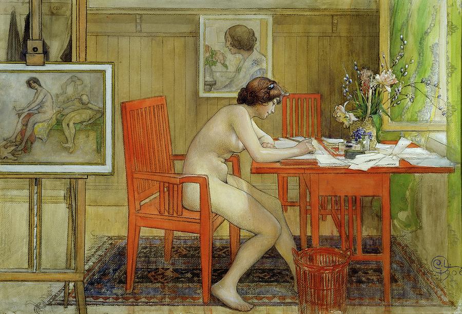Carl Larsson Painting - The Model Writing A Postcard by Carl Larsson