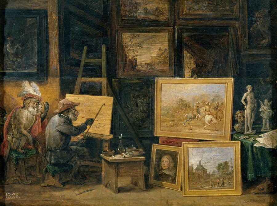 The Monkey Painter, ca. 1660, Flemish School, Oil on panel, 24 cm x 32 cm, P01805. Painting by David Teniers the Younger -1610-1690-
