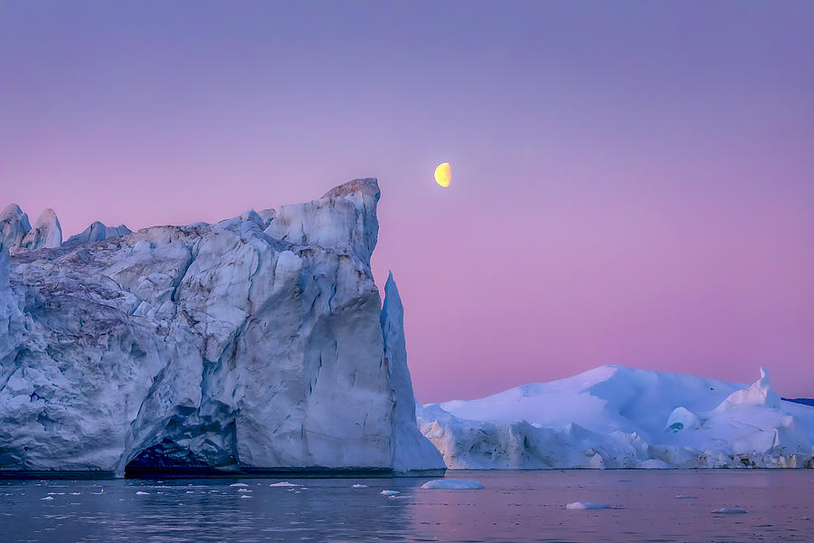 Landscape Photograph - The Moon And Iceberg In West Greenland by Raymond Ren Rong Liu