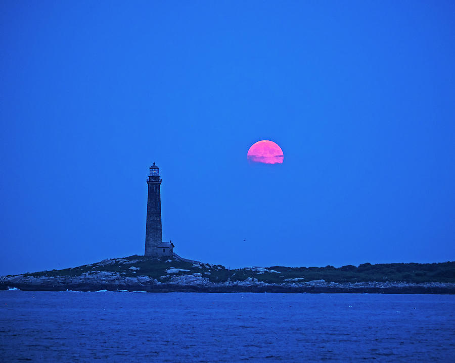 The moon rises over Thacher Island Lighthouse Rockport MA 2 Photograph by Toby McGuire