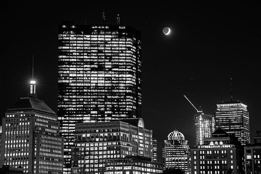The moon rising over Back Bay and the Boston Common Boston MA Black and White Photograph by Toby McGuire