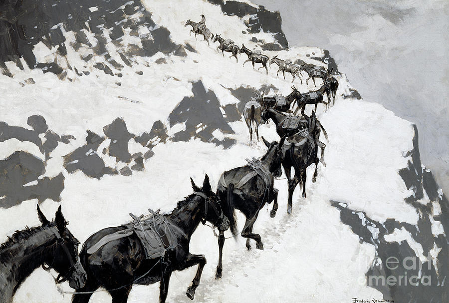 Frederic Remington Painting - The Mule Pack, An Ore Train Going into the Silver Mines, Colorado, 1901 by Frederic Remington