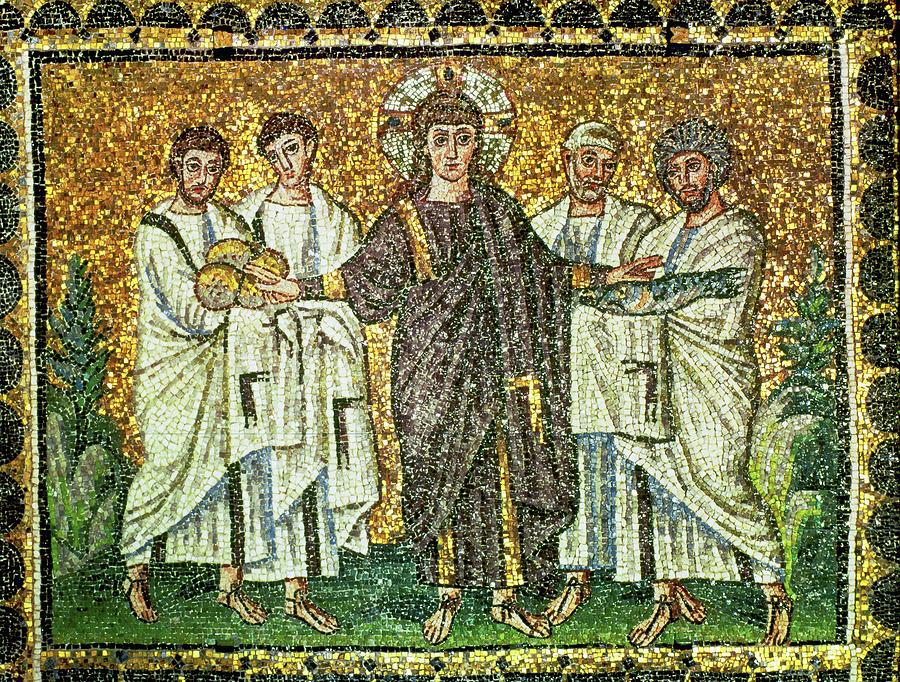 The multiplication of the loaves and the fishes, mosaic cycle Saint Apollinare Nuovo Ravenna 6th ... Painting by Album