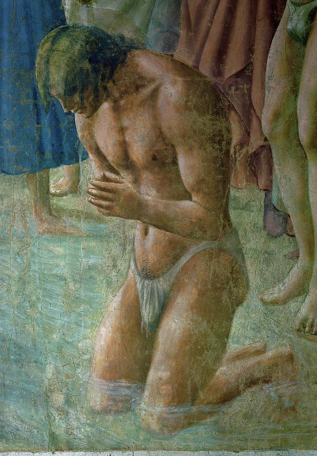 The neophyte, detail from the baptism-scene 40-07-08 / 8. Painting by Masaccio -1401-1428-