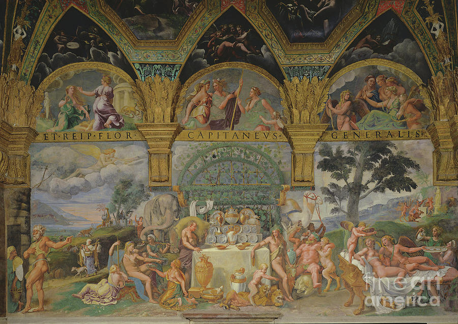 The Noble Banquet Celebrating The Marriage Of Cupid And Psyche From The Sala Di Amore E Psiche, 1527-31 Painting by Giulio Romano