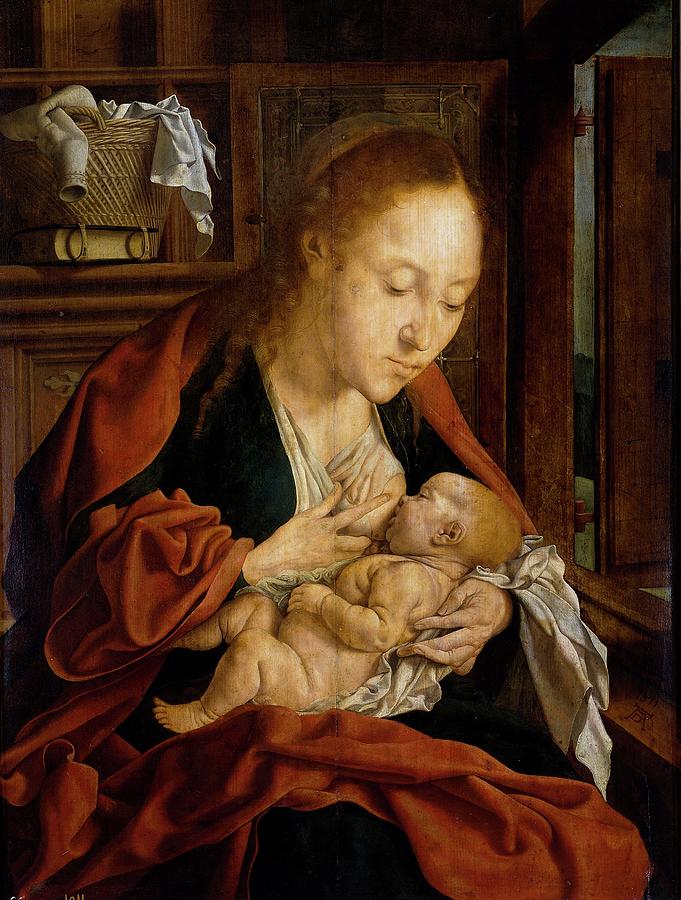 The Nursing Madonna, 1525-1550, Flemish School, Oil on panel, 61 cm ... Painting by Marinus van Reymerswaele -c 1490-c 1546-