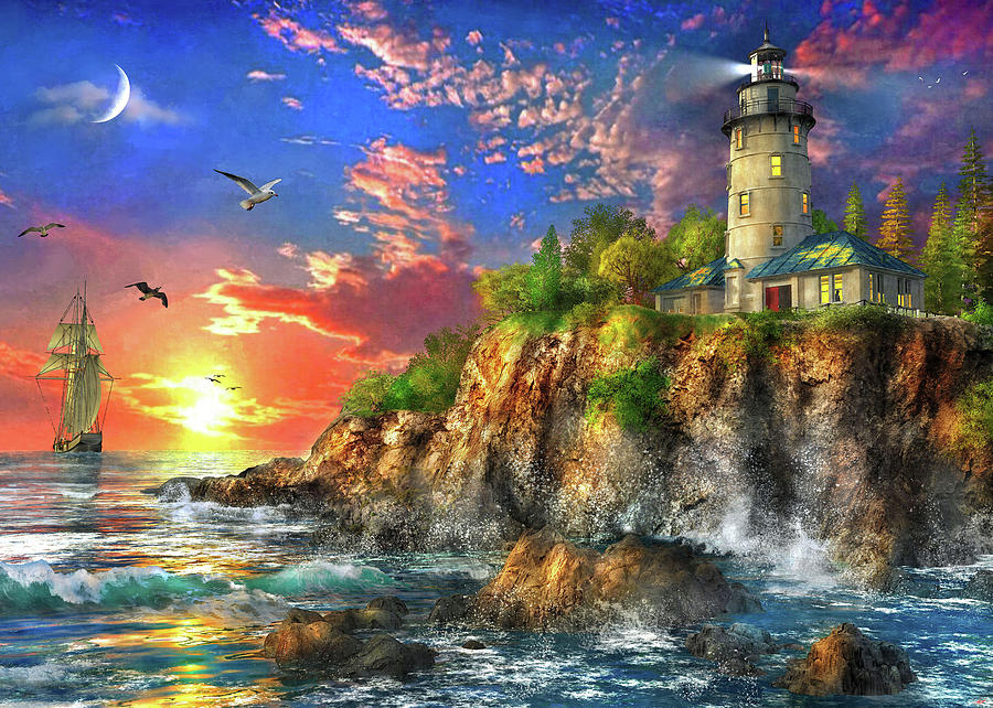 The Ocean Sunset Lighthouse Painting by MGL Meiklejohn Graphics Licensing